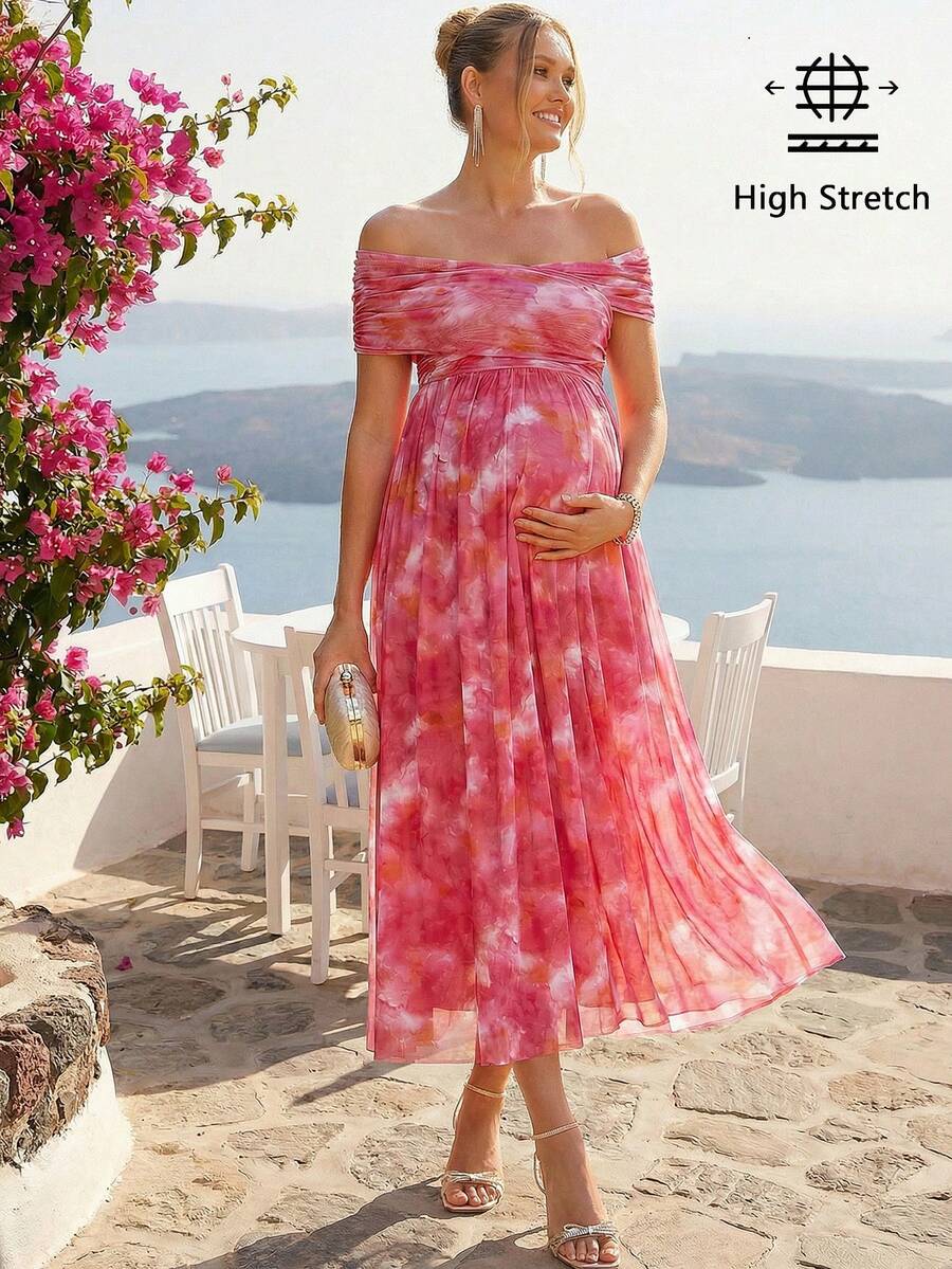 Loomaby 孕妇优雅扎染印花褶皱翻领露肩连衣裙，适合派对、宴会和度假穿着 - 粉色 - 查看 1