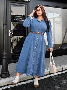 SHEIN ICON Đầm denim dài tay màu trơn cỡ lớn, kiểu dáng thường ngày. - Rửa nhẹ - Xem 5