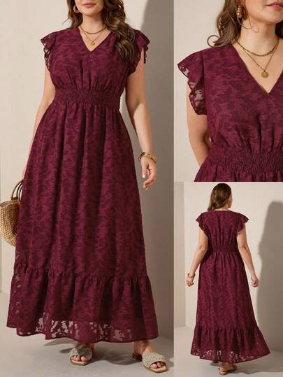 Comfylo Plus Size Women Jacquard Shirred Ruffle Hem Elegant Party Dress Carnival Outfit Party Luxury Red Valentine's Day