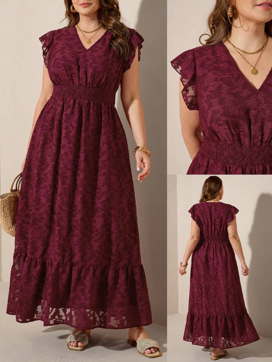 Comfylo فستان حفلة أنيق للمرأة ذات الحجم الكبير مزين بالجاكار والكشكشة على الذيل - عنابي اللون - مشاهدة 1