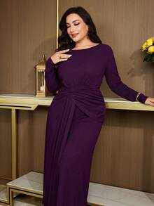 Modelyn Vestido de manga larga de unicolor elegante para mujer de talla grande - Burdeos - Ver 6
