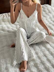 SHEIN Women's Romantic Floral Contrast Lace Trim Wide Leg Pajama Set - Multicolor - View 3