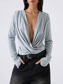 LYSMO Women's Criss-Cross Deep V-Neck Ruched Striped Sexy Long Sleeve Top - Multicolor - View 5
