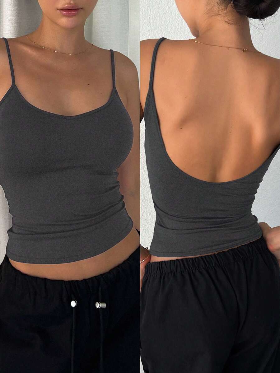 DAZY Áo hai dây nữ màu trơn, dáng ôm, hở lưng, phong cách thường ngày, màu Y2k - Xám - Xem 1