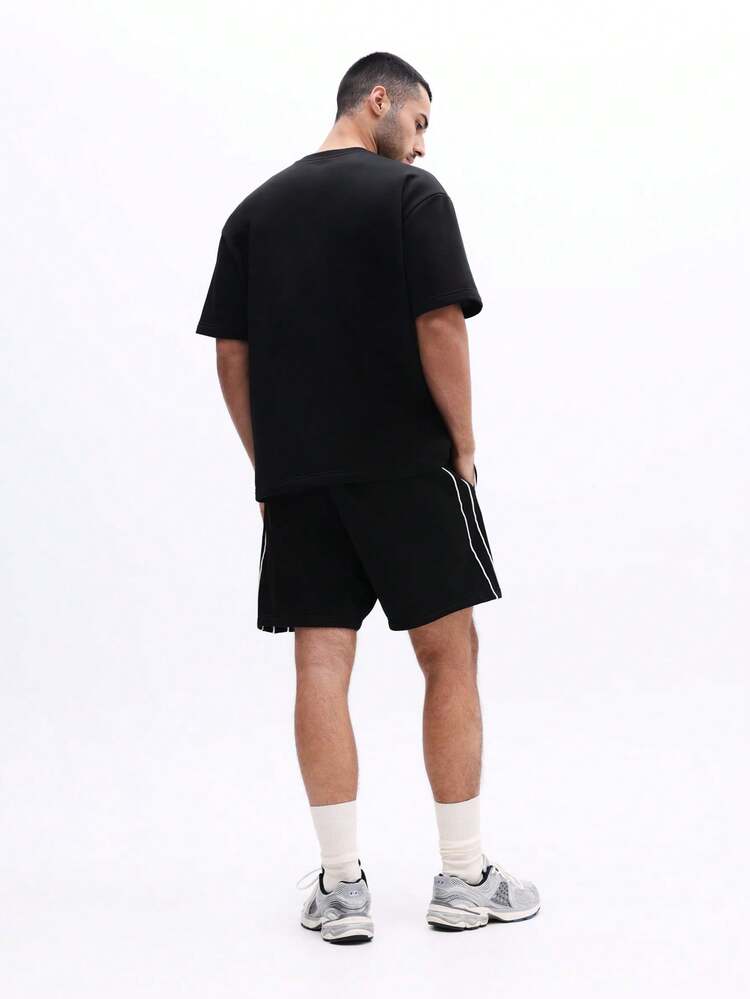 Casual Washed Loose Fit Black Short Sleeve T-Shirt And Striped Piping Shorts Co-Ord Set For Summer Everyday Wear