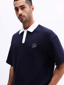 SUMWON 男士短袖 Polo 衫，撞色白色领子和门襟，纽扣前襟休闲上衣 - 藏蓝色 - 查看 1