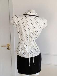 Comfortcana 2026 新款春夏时尚女装波点印花纽扣领衬衫，夏季女式上衣，情人节海滩外出上衣，优雅女士度假衬衫，女士休闲衬衫，Y2K 风格上衣，2000 年代波点上衣，白色上衣 - 黑與白 - 查看 2