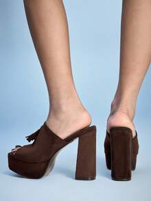 Sugerpunk Fringe Super High Heel Waterproof Platform Peep Toe Slip-On Sandals Valentine's Day - Coffee Brown - View 6