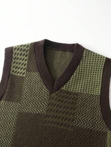 Chillumni Men's Casual Contrast Plaid Knit Vest, Spring/Autumn Olive Green Top Men Men's Sweater Vest Green Vest Men - Multicolor - View 3