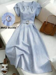 Franclia Women's Spring/Summer Pleated Round Neck Tulip Sleeve With Waist Metal Belt Waist A Lined Casual 2026 New Long Dress,Summer Holiday Outfits Dress,Spring Outfit Women Dress,Beach Dress,Long Party Dresses,Going Out Elegant Commuter/Vacation Casual Graduation Elegant Fashion Casual Commuter Business Office Daily Casual Versatile Stylish Urban Formal Primavera A Estate Blue Summer Elegant Dress French Style Dress Elegant Midi Dress Blue And White Striped Dress Dusty Blue Elegant Dress Picnic Dress - Blue and White - View 4