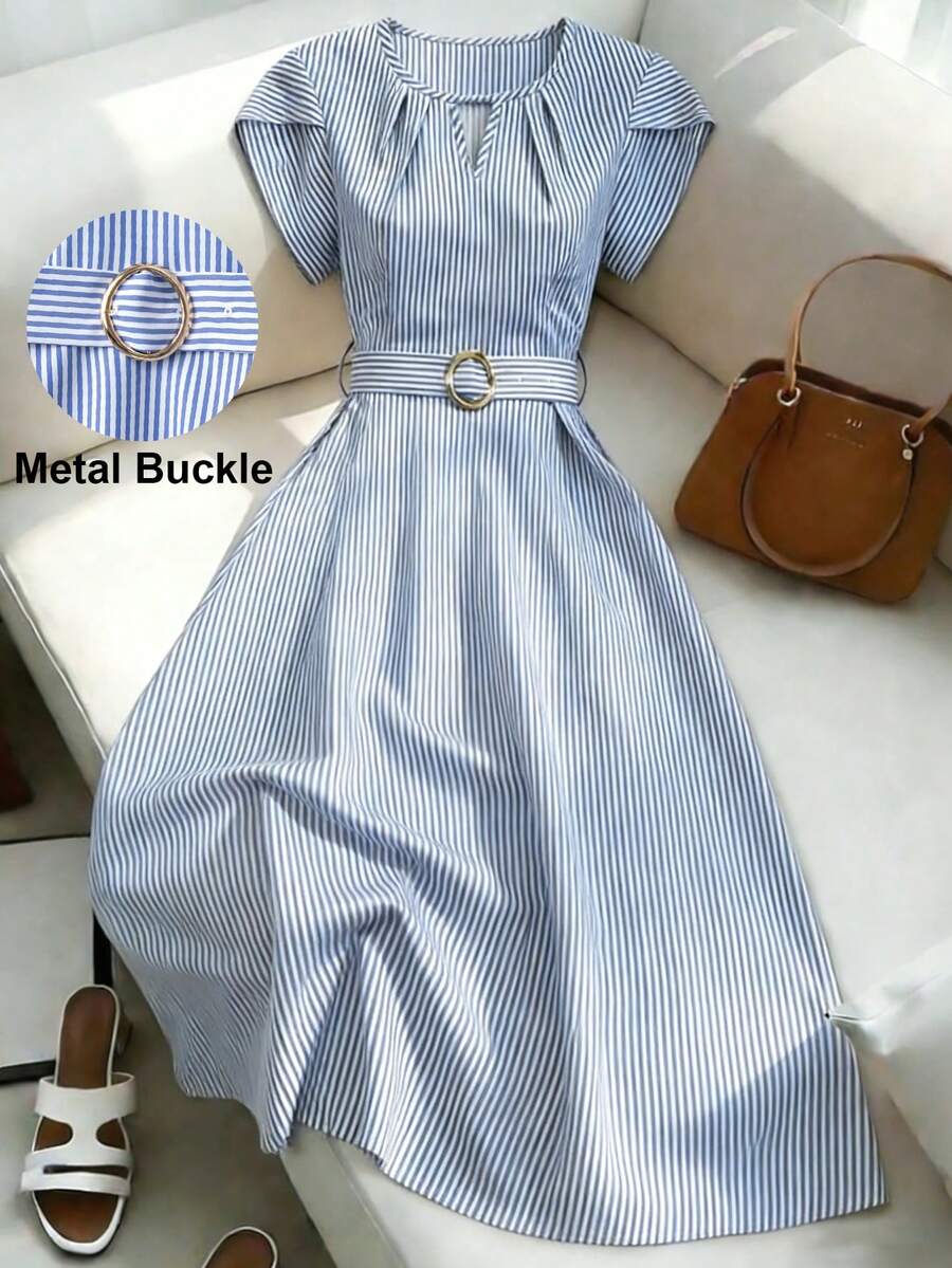 Franclia Women's Spring/Summer Pleated Round Neck Tulip Sleeve With Waist Metal Belt Waist A Lined Casual 2026 New Long Dress,Summer Holiday Outfits Dress,Spring Outfit Women Dress,Beach Dress,Long Party Dresses,Going Out Elegant Commuter/Vacation Casual Graduation Elegant Fashion Casual Commuter Business Office Daily Casual Versatile Stylish Urban Formal Primavera A Estate Blue Summer Elegant Dress French Style Dress Elegant Midi Dress Blue And White Striped Dress Dusty Blue Elegant Dress Picnic Dress - Blue and White - View 1