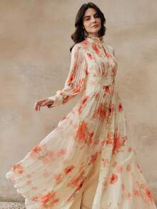 Anewsta New Arrival Spring Vacation Floral Print Pleated Elegant Dress - Coral Pink - View 2