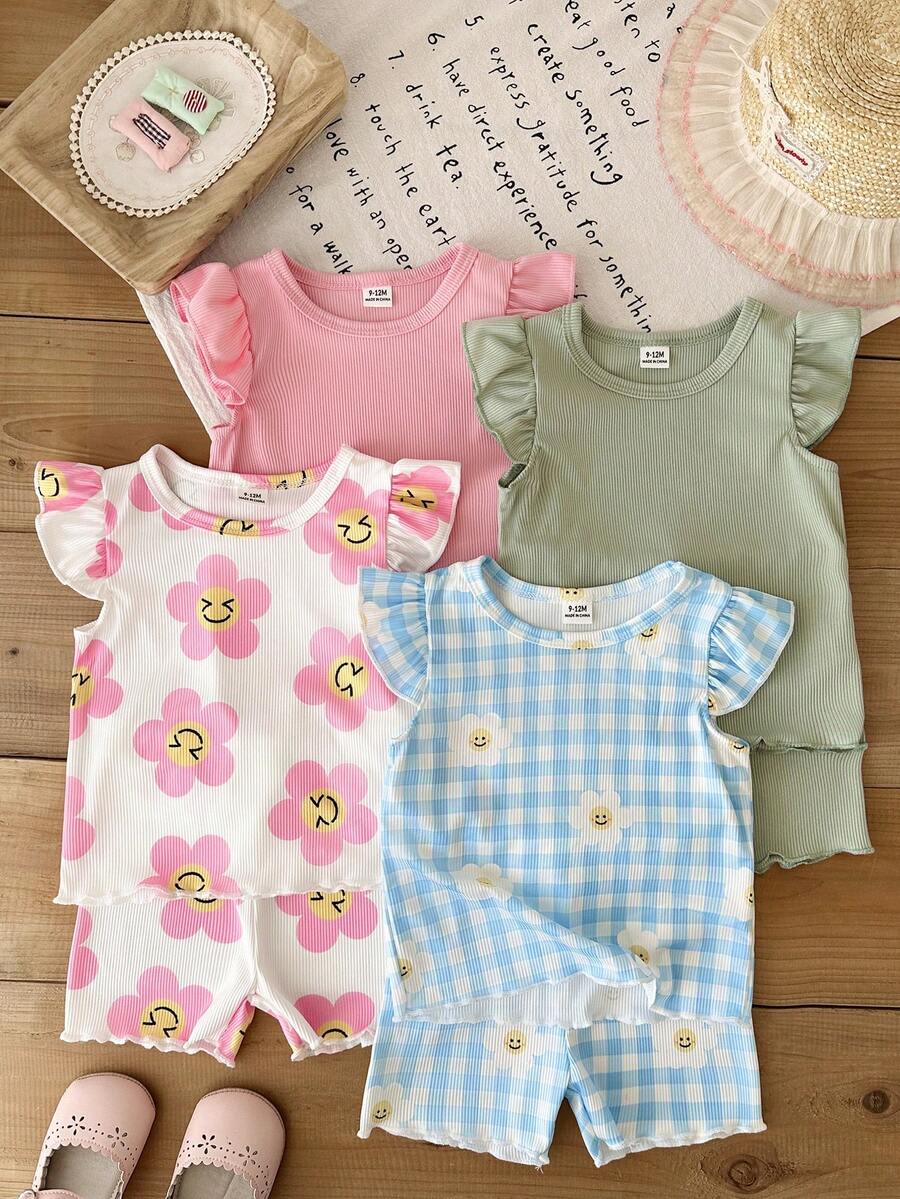 SHEIN 8件組/女嬰(0-3歲)白色夏季可愛度假格紋向日葵短袖背心T恤上衣與短褲 8件套休閒日常穿搭 - 彩色 - 查看 1