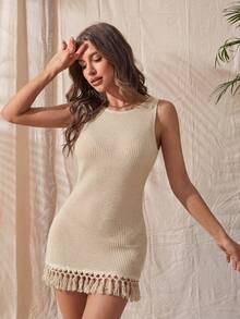 Swim Chiccia 1pc Women's Sleeveless Textured Mesh Bodysuit With Long Fringe, Elegant Style - Apricot - View 4