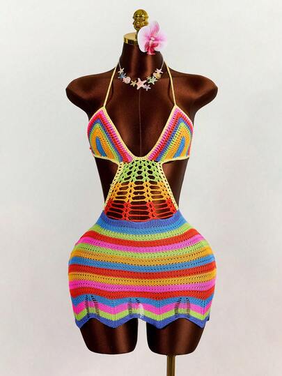 Zestiva Colorful Crochet Pattern Backless Design Summer Beach Dress For Womensummer,Spring,Valentine's Day,Casual,Party,Beach