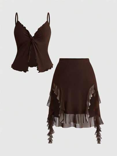 ROMWE Hippie Plus Size Women's Solid Color Twist Pleated Camisole Top And Ruffle Hem Skirt 2 Piece Set, Fashionable For Dates And Parties