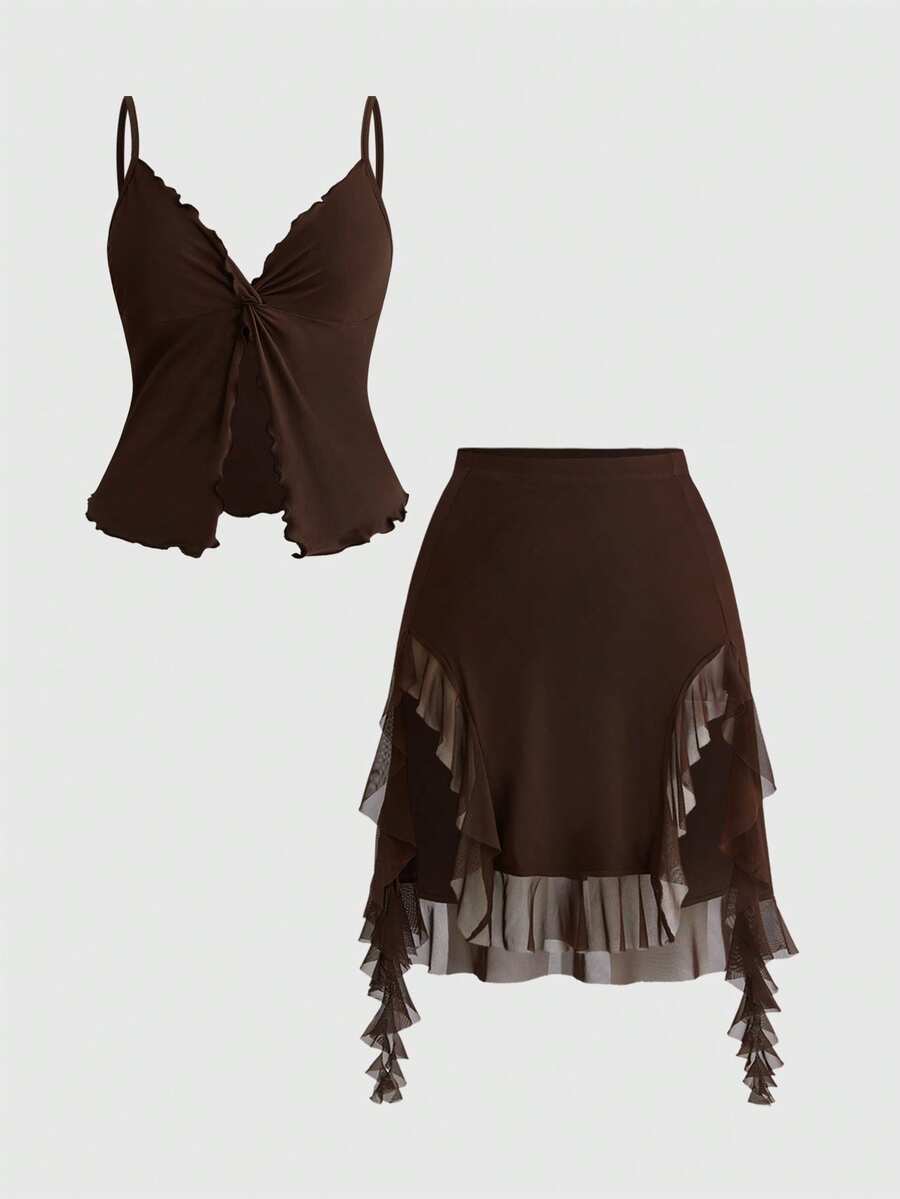 ROMWE Hippie Plus Size Women's Solid Color Twist Pleated Camisole Top And Ruffle Hem Skirt 2 Piece Set, Fashionable For Dates And Parties - Brown - View 1