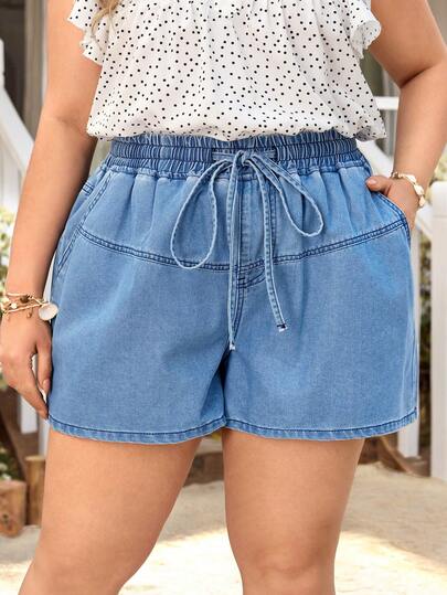 EMERY ROSE Plus Size Solid Color Casual Tie-Up Denim Shorts