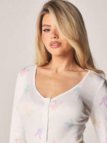 Missguided x Playboy Butterfly Print Short Sleeve Buttoned Romper With Ribbed Texture Pastel Summer Loungewear One Piece - Multicolor - View 5