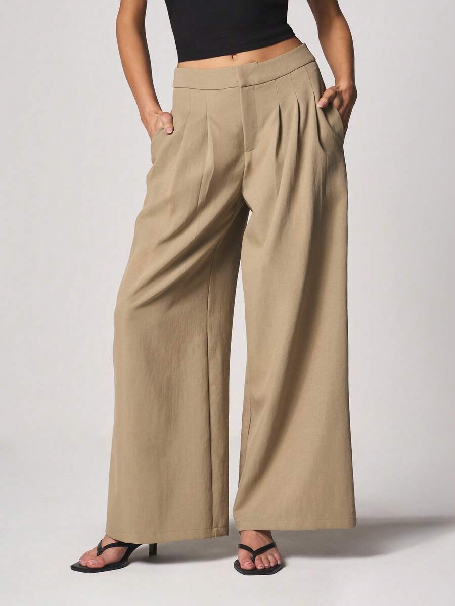 MISSGUIDED Women's High Waisted Wide Leg Pleated Palazzo Trousers With Side Pockets Office Work Casual Pants - Grey - View 1