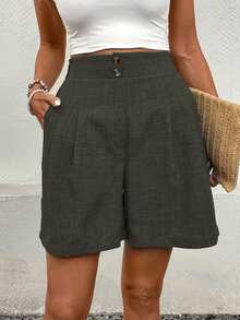 EMERY ROSE Pleated Pocket Casual High Waist Loose Versatile Shorts - Olive Green - View 3