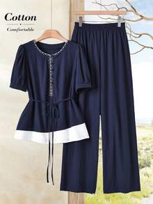 Rusticease Women's Navy Blue And White 2 Pieces Set,Cotton Short Sleeve Round Neck Blouse And Capri Pants,Summer Casual Modest Everyday Vintage Elegant Outfits - Navy Blue - View 1