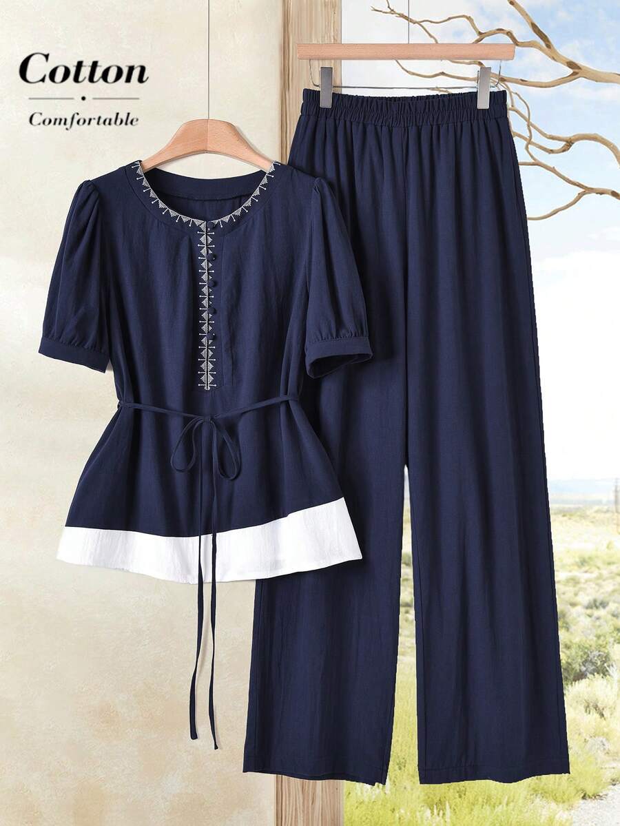 Rusticease Women's Navy Blue And White 2 Pieces Set,Cotton Short Sleeve Round Neck Blouse And Capri Pants,Summer Casual Modest Everyday Vintage Elegant Outfits - Navy Blue - View 1