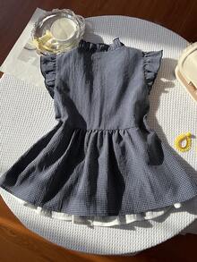 Sweetra Blusa de mujer con diseño de cuadros, escote en V, parche de encaje, mangas cortas y bajo con volantes, en estilo romántico y de moda, para primavera/verano - Azul y blanco - Ver 3