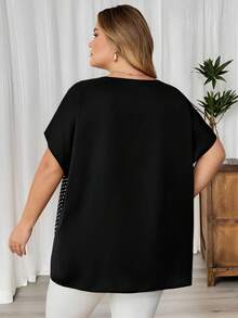 SHEIN CURVE+ 大码女式波点印花拼接蝙蝠袖衬衫 - 黑與白 - 查看 7