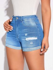 SHEIN Unity Women's Casual Versatile Everyday Denim Shorts With Pockets And Button Distressed Design - Medium Wash - View 4