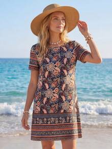 Sylviya Women's Summer Vacation Plant Print Round Neck Short Sleeve Casual Short Dress - Multicolor - View 3