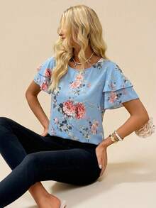 SHEIN Clasi Áo nữ tay bồng xếp lớp in hoa, kiểu dáng thường ngày, thích hợp cho kỳ nghỉ hè. - Màu xanh lam - Xem 5