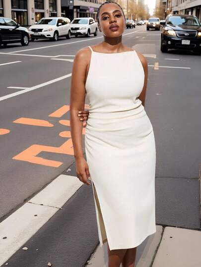 Maija Plus Size Women New White Elastic Waist Spaghetti Strap Dress, Elegant For Daily, Work, Dating, Commute, Vacation, Graduation, Music Festival, Easter  Fashion, Versatile;  Comfortable,  Stylish, Elegant, Casual, , Simple Daily Wear, Essential, Solid Color, Holiday Casual, Decent, Single Lady,  Elegant Fashion Business Casual Woman Going Out Tops Graduation Outfit  Steacher Outfits For Women Cream Midi Dress Plus Size Plus Size Midi Dress Curve Midi Dress Plus Size Cream Dress Ivory Midi Dress Plus Size,Homecoming Dress  Women Date Night Outfits Women Curvy Midi Dress