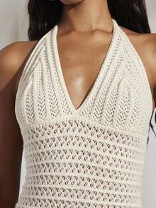 Opulessa Women's Off-White Boho Hollow Out Knitted Halter Backless Bodycon Sweater Dress,Elegant Beach Vacation Holiday Outfits For Summer,Autumn, - Apricot - View 8