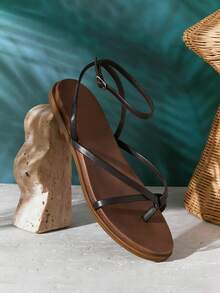 SHUZIA 女士圆头宽楦加厚鞋垫人字拖踝带优质纯素皮革咖啡色人字拖平底凉鞋——简洁、休闲、舒适 - 咖啡棕 - 查看 7