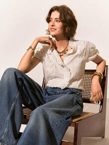 Poéselle 女士夏季休闲度假荷叶边撞色蕾丝短袖衬衫 - 白色 - 查看 7