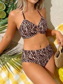 少女复古猎豹纹吊带泳衣套装，休闲修身吊带背心和泳裤，适合夏季海岛、海滩、度假、沙滩装 - 彩色 - 查看 4