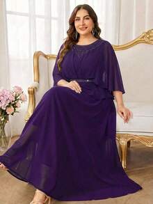 Reflora Curvy Plus Size Women's Elegant Purple Summer Formal Wedding Dress,Chiffon Batwing Sleeves Rhinestone Fake Two-Piece Prom Ball Gown,Luxury - Purple - View 10