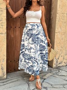 SHEIN 可调节复古长款休闲孕妇裙，夏季 - 藍白色 - 查看 4