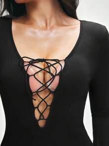 SHAPORA Women's Solid Color Tie-Up Design Long Sleeve Sexy Nightgown - Black - View 6