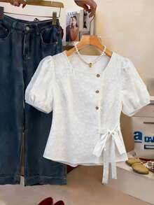 Linhara 女士春夏白色提花泡泡袖衬衫，侧边系带腰身设计，适合下午茶、野餐和约会。 - 白色 - 查看 1