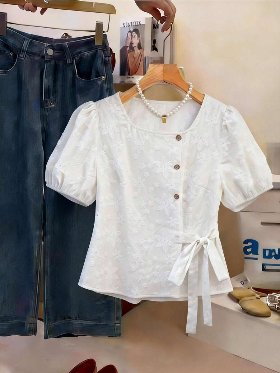 Linhara 女士春夏白色提花泡泡袖衬衫，侧边系带腰身设计，适合下午茶、野餐和约会。 - 白色 - 查看 1