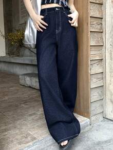 DAZY Solid Color Slant Pocket Casual Versatile Wide Leg Jeans - Navy Blue - View 6