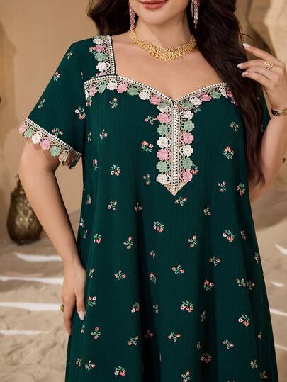 Al Najma 大码短袖碎花纹理面料A字连衣裙（女款）