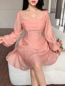 Modelyn 女士法式奢华高端莲藕粉色翻领褶皱荷叶边泡泡袖连衣裙，修身显瘦 - 藕粉色 - 查看 6