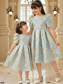 SHEIN Đầm hè tay ngắn thanh lịch in hoa dễ thương cho bé gái - Màu xanh lam - Xem 2