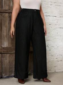EMERY ROSE Plus Size Casual Everyday Solid Color Slant Pocket Loose Wide Leg Jeans Formal Holiday Black Spring - Black - View 4
