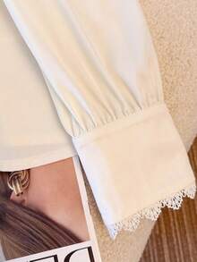 GlowEve CURVE Plus Size Women's White Elegant Autumn Party Embroidered Ruffle V-Neck Bow Tie,Lace Trim Cuff Long Sleeve Blouse,Suitable For Commuting Cream Blouses - Apricot - View 8