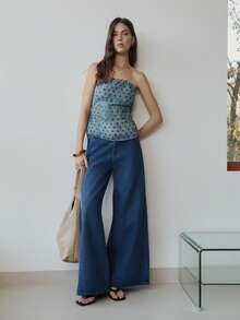 Nöista Sleeveless, Bandeau Top A Textured Blue Fabric With Burgundy In Polka Dots Print. Spring, Summer, Woman. - Blue - View 3