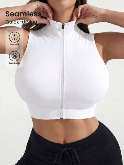 Rhythm Era 1pc Plus Size Seamless Sleeveless Top With Zipper Design, Women Running Fitness Workout Yoga Sports T-Shirt Curvy Workout Top Zipper Front Gym Crop Tops Women Cropped Zip Up Zip Front Sports Bra
